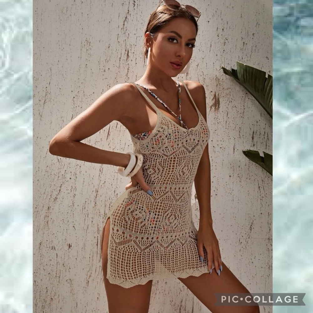 Boho Beach Hollow Out  Swim Coverup Khaki